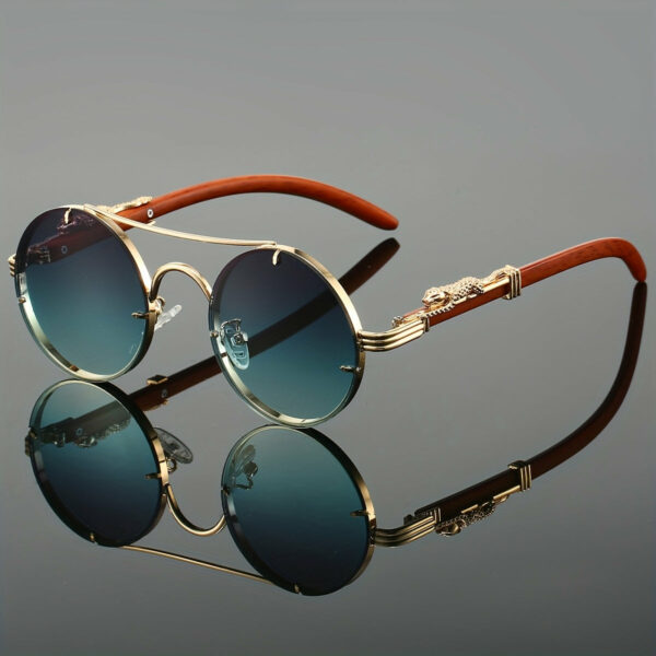 Round Metal Frame Glasses with Case Gradient PC Lenses, Stylish And Luxurious Double Bridge Design, Decorative Glasses with Leopard Print Detail Hinges, Suitable for And Street Photography - Unisex