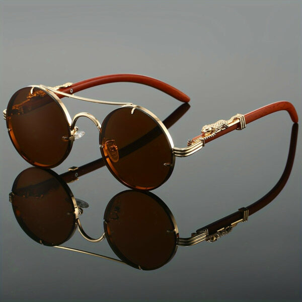Round Metal Frame Glasses with Case Gradient PC Lenses, Stylish And Luxurious Double Bridge Design, Decorative Glasses with Leopard Print Detail Hinges, Suitable for And Street Photography - Unisex - Image 4