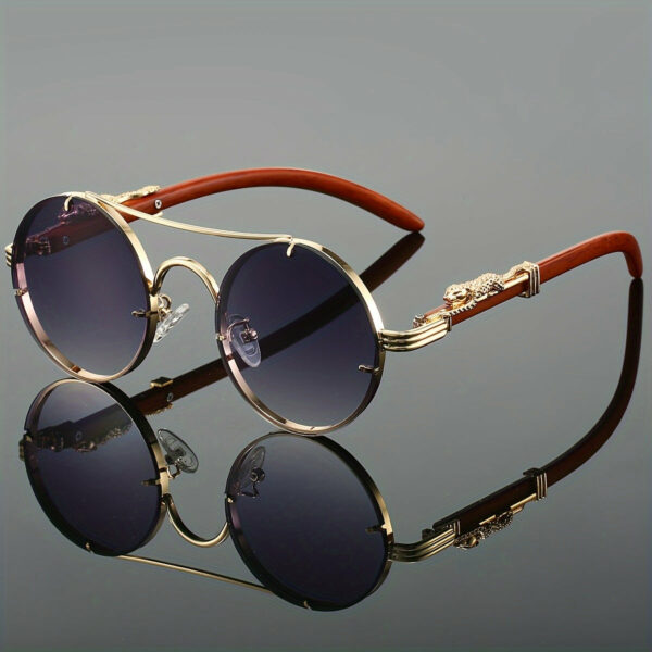 Round Metal Frame Glasses with Case Gradient PC Lenses, Stylish And Luxurious Double Bridge Design, Decorative Glasses with Leopard Print Detail Hinges, Suitable for And Street Photography - Unisex - Image 5