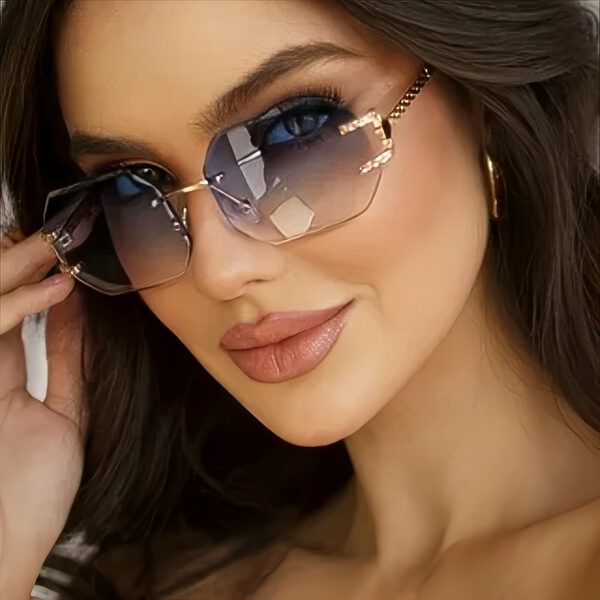 [Stylish Fashion Glasses] Gradient Women’s Fashion Glasses - Stylish Polygonal Rimless with Golden-Tone Metal Frame, UV Protection, Includes Elegant Case & 2 Microfiber Cleaning Cloths, Perfect for Outdoor Fashion