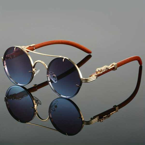 Round Metal Frame Glasses with Case Gradient PC Lenses, Stylish And Luxurious Double Bridge Design, Decorative Glasses with Leopard Print Detail Hinges, Suitable for And Street Photography - Unisex - Image 2